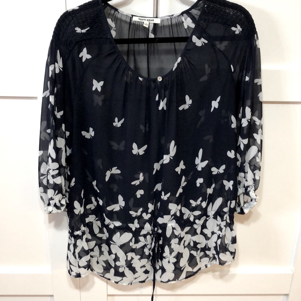 Daniel Rainn sheer top with quarter sleeves with tie waist, Navy Blue